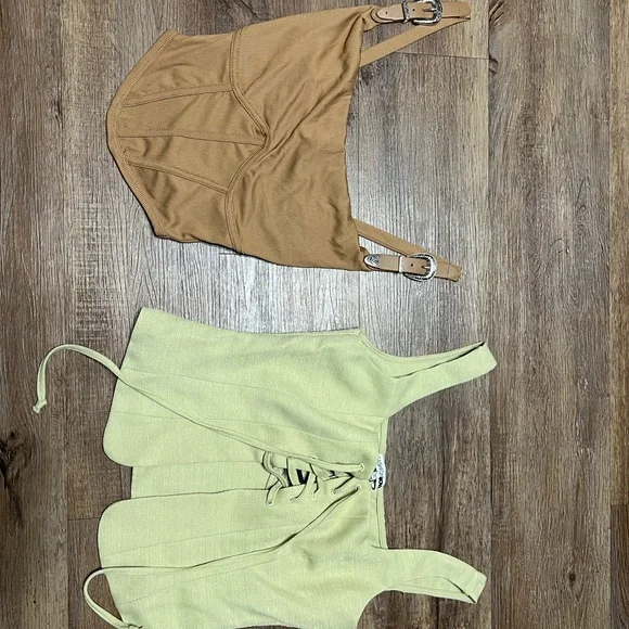 Women’s Buckle Corset in Brown and Lace-Up Square Neck Crop Top in Light Green - Picture 2 of 3